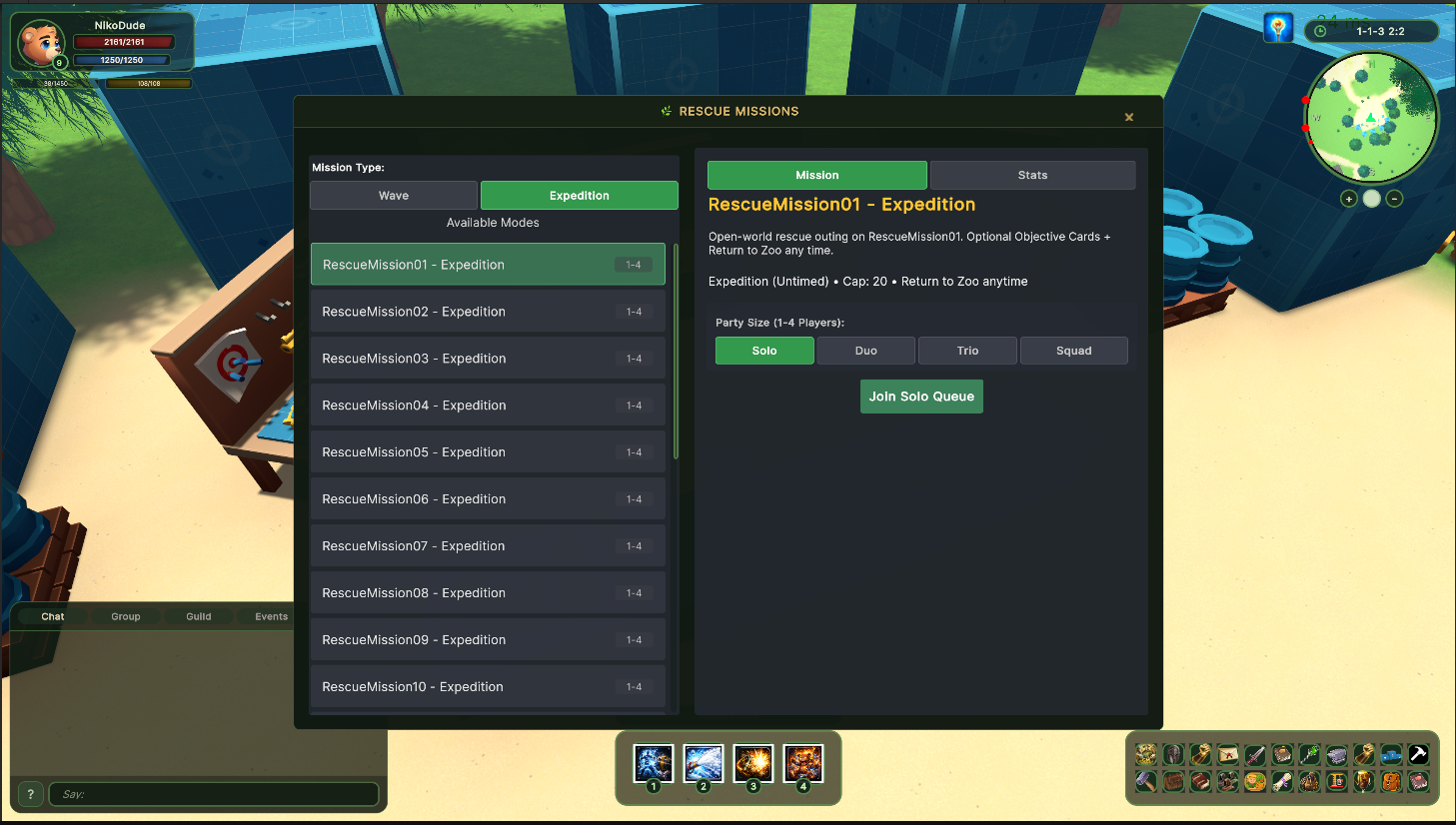 Rescue Missions menu with expedition list